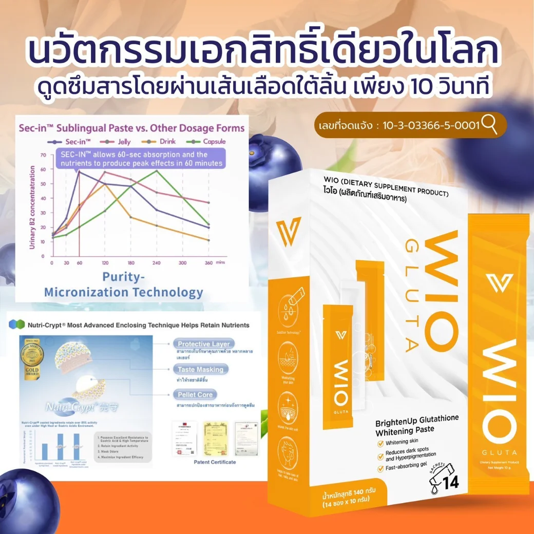 WIO Gluta ไวโอกลูต้า อาหารเสริม กลูต้าเข้มข้น บำรุงผิวขาวใสผิวนุ่มสูตรชะลอวัยผิวคล้ำผิวแห้ง